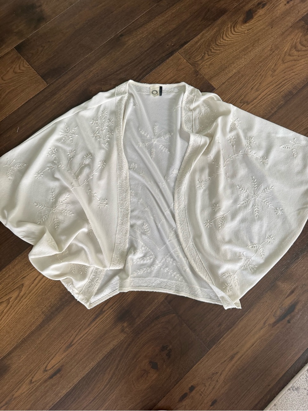 Anthropologie Cream Embroidered Open-Front Shawl